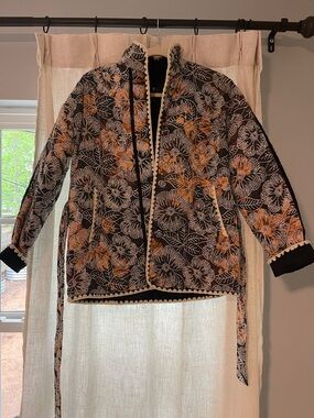 Floral Quilted Belted Puffer Jacket in Black and Tan